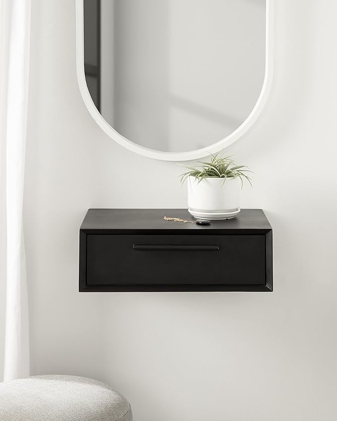 Kate and Laurel McCutcheon Floating Wood Storage Shelf, 18 x 12 x 6, Black, Decorative Transitional Floating Bedroom Nightstand with a Concealed Cubby Compartment
