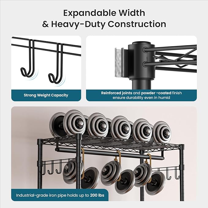 Garment Rack Heavy Duty 3 Tiers Adjustable Freestanding Metal Rolling Clothing Rack with Double Rods and Side Hooks for Hanging Clothes, Black