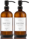 Vine Creations Amber Glass Soap Dispenser, 2 Pack Kitchen Soap Dispenser Set with Stainless Steel Pump, 16 oz Dish Soap and Hand Soap Dispensers for Bathroom with Waterproof Labels