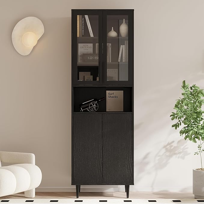 TUSY 70.9“ H Bookcase with Doors, 6-Tier Bookshelf with Open Shelf, Display Curio Cabinet with Glass Door, Narrow Display Bookcase for Home, Office, Clinic, Pantry (Black)