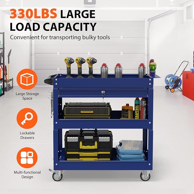 3 Tier Rolling Tool Cart with Drawers, Heavy Duty Utility Cart on Wheels, Large Storage Capability Service Cart for Garage, Warehouse and Repair Shop (Deep Blue)