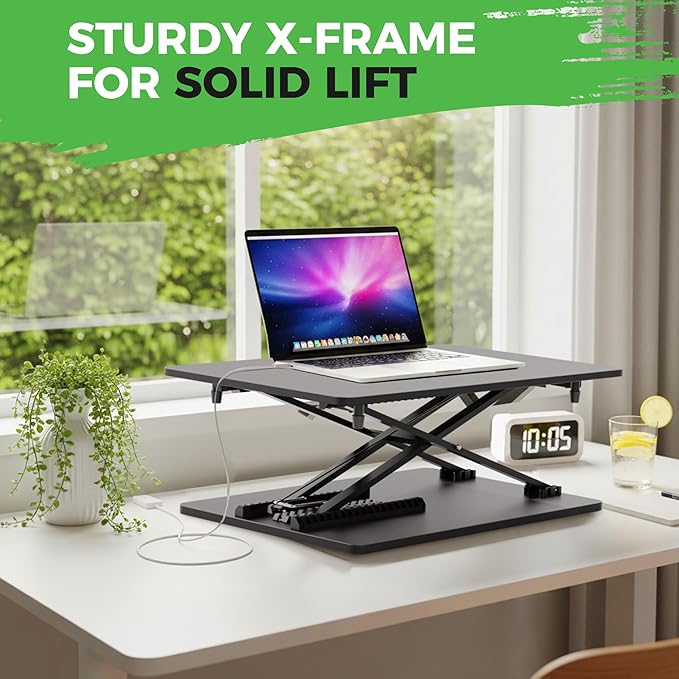 Standing Desk Converter Adjustable Height, 25.16" × 15.75" Height Adjustable Desktop Riser, No Assembly Required, Desktop Workstation for Laptop, Monitor and Office Use (Black)
