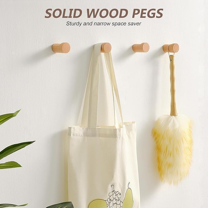 Wooden Wall Hooks 6 Pack, Modern Decorative Coat Hook Wall-Mount, Handmade Rustic Hat Hooks, Entryway Wall Hangers for Hanging Coats Hats Backpack, Bathroom Wood Towel Rack (Natural)