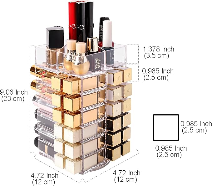 Sooyee 360 Degree Spinning Lipstick Organizer Holder 53 Spaces,Acrylic Cosmetic Display Cases for Lipstick, Brushes, Bottles, and more,Clear