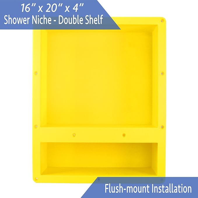 Ready for Tile Waterproof Leak Proof 16" x 20" Bathroom Recessed Shower Niche - Double Bathroom Shelf Organizer Storage for Shampoo & Toiletry Storage - Flush Mount Installation