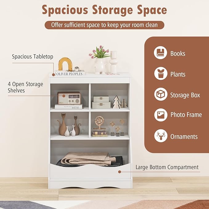 Storage Organizer, Small Bookcase w/ 4 Open Cubes & 1 Bottom Compartment, Anti-Tipping Device, Foot Pads, Low Cube Bookshelf for Bedroom, Living Room, Playroom, Study, Small Spaces (White)