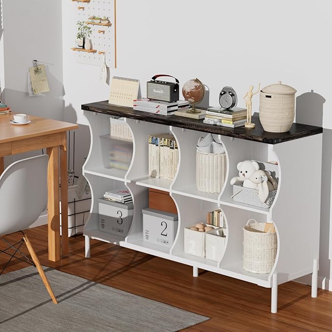 8 Cube Storage Shelf Organizer, Low Book Shelf Bookcase Entryway Table, Wood Closet Storage Display Cabinet TV Stand for Living Room, Office,Bedroom, Dorm, White with Dark Brown Top