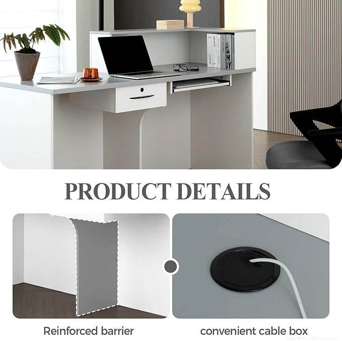 L Shape Reception Desk with Counter, Lockable Drawer, Keyboard Tray, and Double-Layer Storage for Salon, Office, or Clinic (White+Gray/Right, 71" L*24" W*39" H)