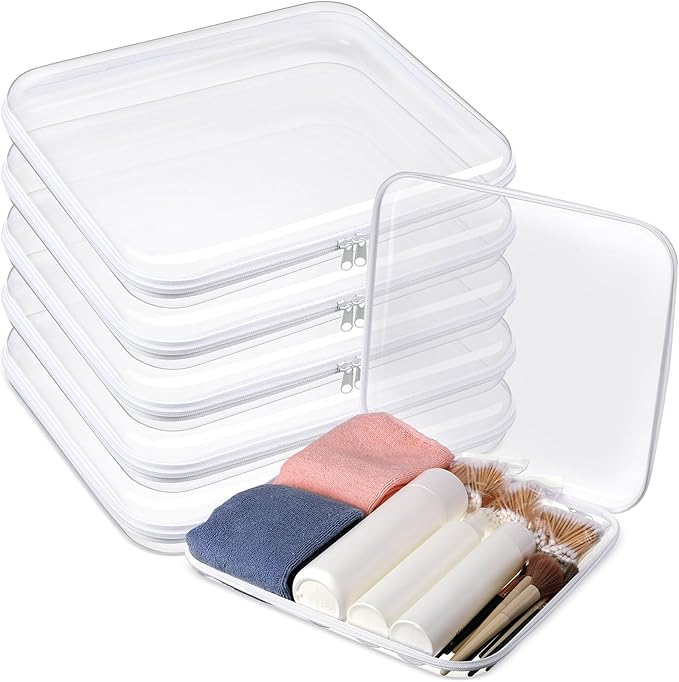 Sanwuta 6 Pcs Clear Hard Zipper Case Hard Plastic Zipper Pouches Transparent Makeup Bag Pencil Pouches for Travel Snacks Christmas Trinket Storage Organizer Box(White,13.78 x 11.81 x 2 Inch)