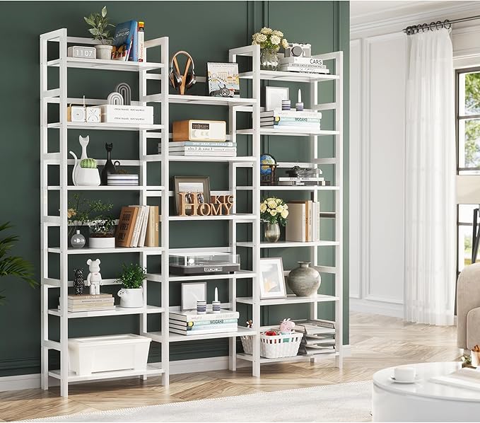 Homykic Bamboo Triple Wide Bookshelves and Bookcases, 6-Tier Shallow Open Bookcase with 17 Display Shelves, 6ft Super Large Freestanding Book Shelf for Home Office, Bedroom, Living Room, Pure White