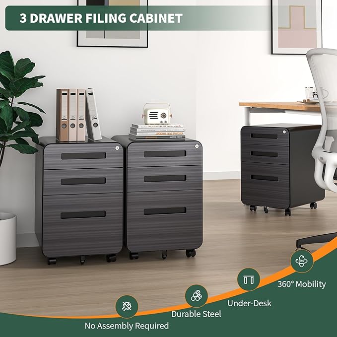 3 Drawer Mobile File Cabinet Under Desk with Lock,Metal Small Rolling Filing Cabinet Storage for Home Office,Steel Cabinets on Wheels, Fully Assembled, Gray Wood Grain