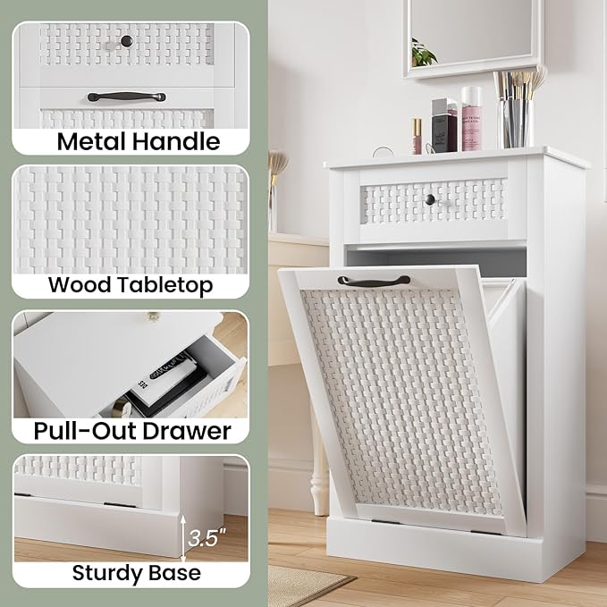 Double Tilt Out Laundry Hamper Cabinet,10 Gallon Laundry Cabinet with Drawers ＆ 2 Hidden Baskets, Farmhouse Storage Basket for Laundry Room, Bathroom, Kitchen, Wood, White