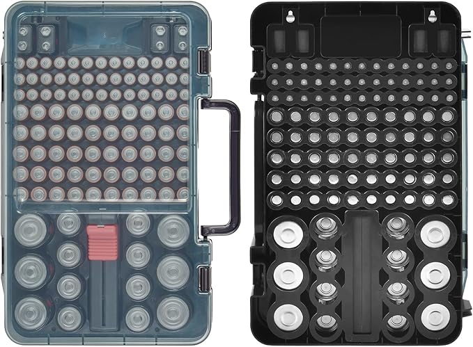 Battery Organizer with Tester, Battery Box Holder for 120+ AA AAA C D 9V 3V Lithium LR44 CR2 CR123 CR1632 18650 Batteries with Wall-Mounted Design (Black)