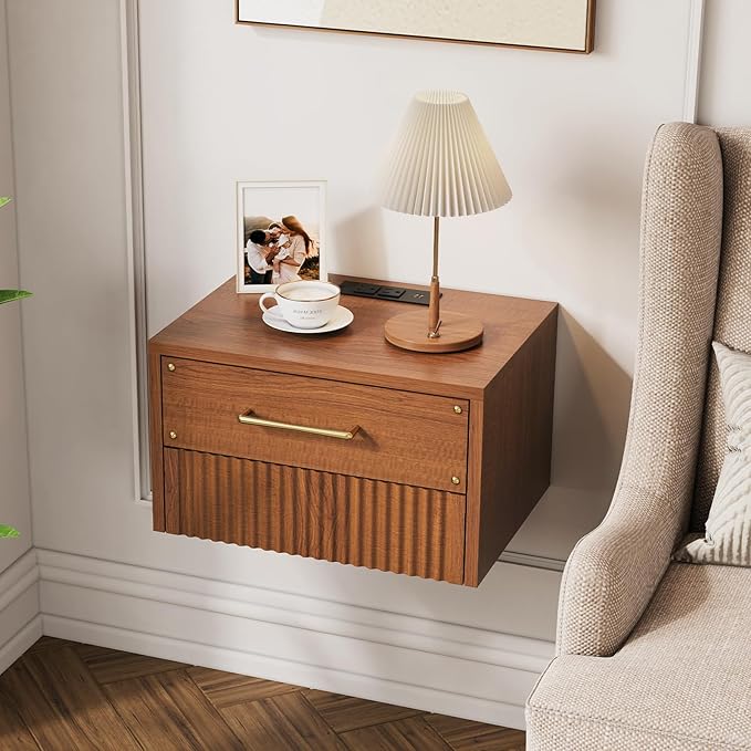 Floating Nightstand Set of 2, Mid Century Modern Wall Mounted Bedside Table with Charging Station, Fluted End Table with Storage Drawers for Bedroom, Home Small Space, Cherry, 2 PCS