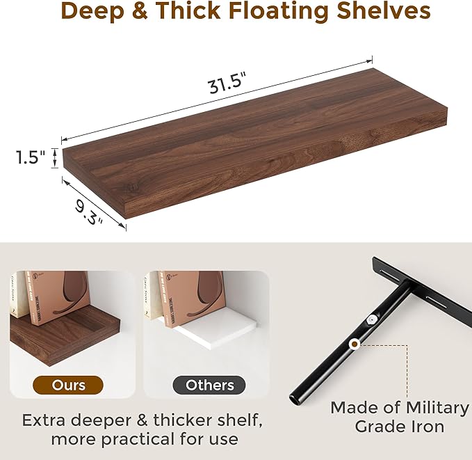 32 Inch Floating Shelves for Wall Set of 2, Rustic Wood Wall Mounted Floating Shelf for Bathroom, Bedroom, Kitchen, 9.3 Inch Deep Shelves Invisible Brackets for Books|Storage|Decor, Walnut