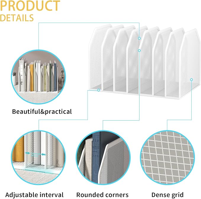 Metal 7 Section File Folder Organizer for Desk | Vertical Office File Holder | Heavy-Duty Mesh Document Sorter for Books, Binders, Laptops | Desk Organizer,7 Sections White