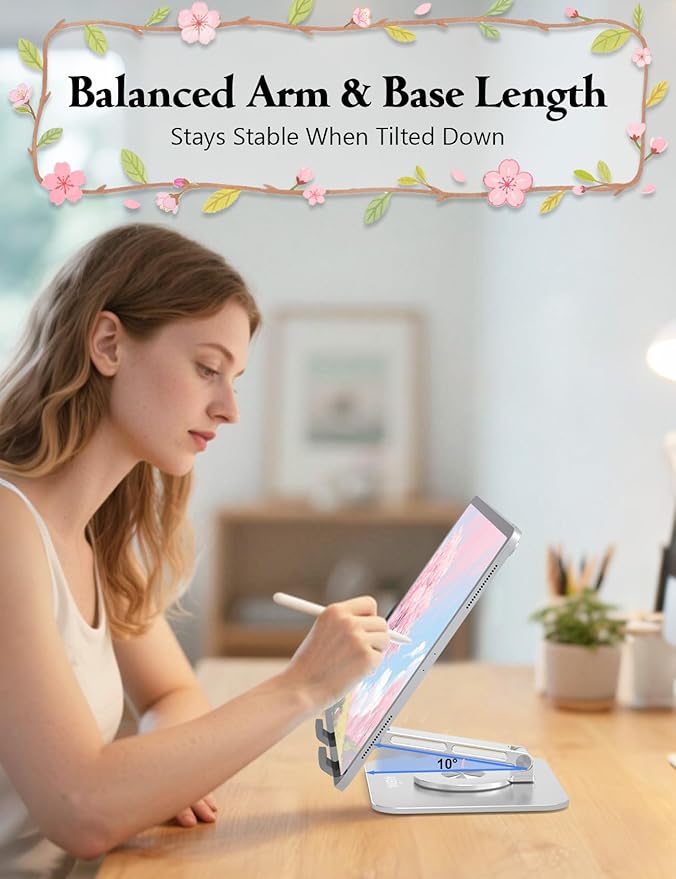 Tablet Stand for iPad, 360° Rotating Aluminum Foldable Holder – Adjustable Desk Stand | Fits iPad Pro 12.9/11,Samsung Galaxy Tab – Portable for Home, Office & Travel,Silver