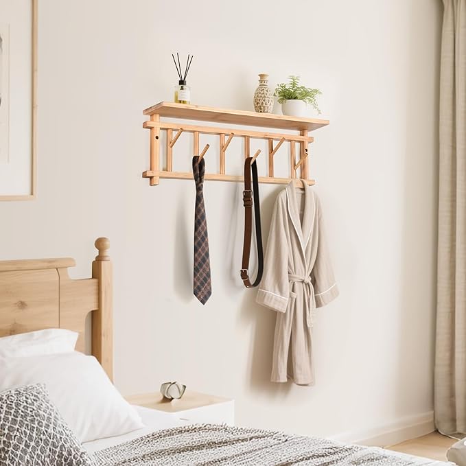 Coat Rack Wall-Mounted with Shelf Coat Hooks Wall Mount with Shelf Entryway Hanging Shelves with 6 Rotating Hooks for Hallway/Living Room/Bedroom/Kitchen (Bamboo)
