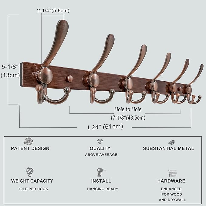Dseap Coat Rack Wall Mount 2.0 Pro: 24” Long, 3X Tougher, Heavy Duty Stainless Steel Wall Coat Hanger with 6 Tri Hooks for Clothes Jackets Hats Entryway Closet, Antique Copper, Pack of 2