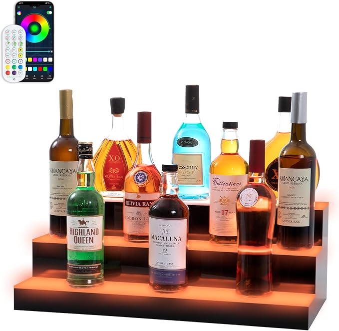 Led Lighted Liquor Bottle Display Shelf, 24 Inch 3 Tier Whiskey Rack, Support USB, Bar Stand with RF Remote & App Control, Illuminated Acrylic Lighting Shelves for 21 Bottles, Home Bar, Party