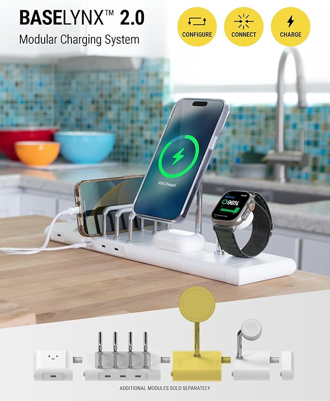 Scosche BL2MSiQWT-AP BaseLynx™ 2.0 2-in-1 Modular Charging Station with MagSafe, 15W Fast Wireless Charging Phone Stand Compatible w/Apple iPhone 15/14/13/12 Series, 5W Charger Pad for AirPods, White