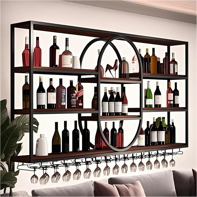 Large Wall Mount Wine Rack, Metal 4 Tier Large Capacity Hanging Bar Rack with Wine Glass Holder, Oval Wine Bottle Storage Display Rack for Kitchen, Living Room, Home (Black, 180cm/71in)