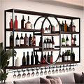 Large Wall Mount Wine Rack, Metal 4 Tier Large Capacity Hanging Bar Rack with Wine Glass Holder, Oval Wine Bottle Storage Display Rack for Kitchen, Living Room, Home (Black, 140cm/55.1in)