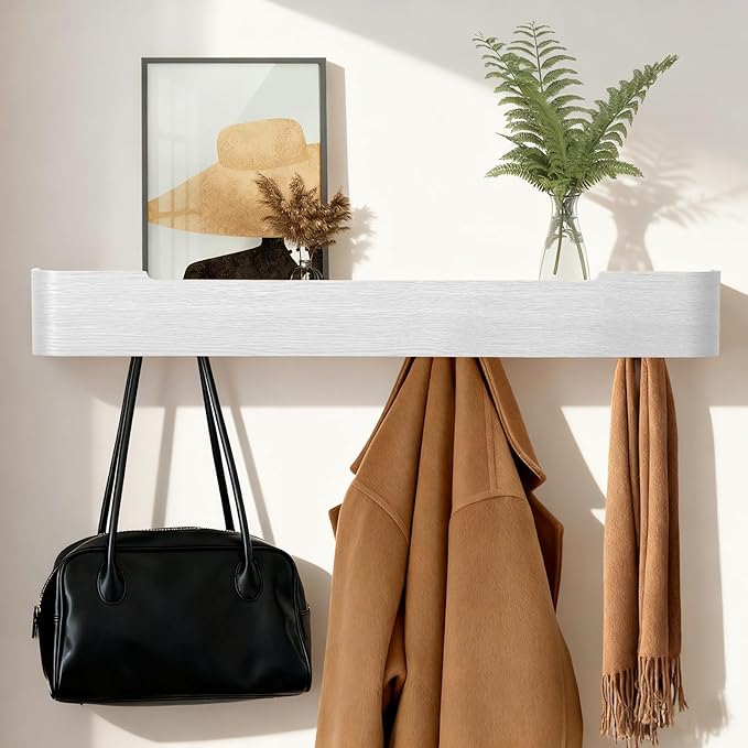 Wall Coat Rack Floating Shelves Modern Coat Rack Wall Mount with Storage Entryway Shelf Wooden Hanger 20 Inch 4 Hidden Metal Hooks for Living Room Bedroom (White, 8 Hooks)