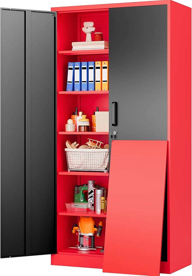 SISESOL Wide & Deep Metal Storage Cabinet with 6 Shelves,72" Tall Red Garage Storage Cabinet with Lock,Metal Cabinets with Locking Doors,Lockable Steel Cabinets for Home,Office,Shop,Garage,72x36x18