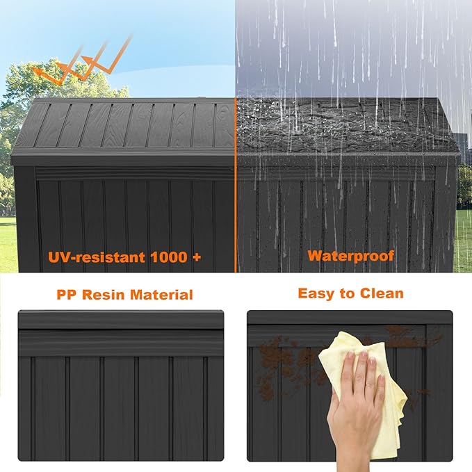 200 Gallon Resin Deck Box, Lockable Patio Outdoor Storage Box for Furniture, Garden Tools and Tools Storage, Waterproof Outside Storage Boxes - Black