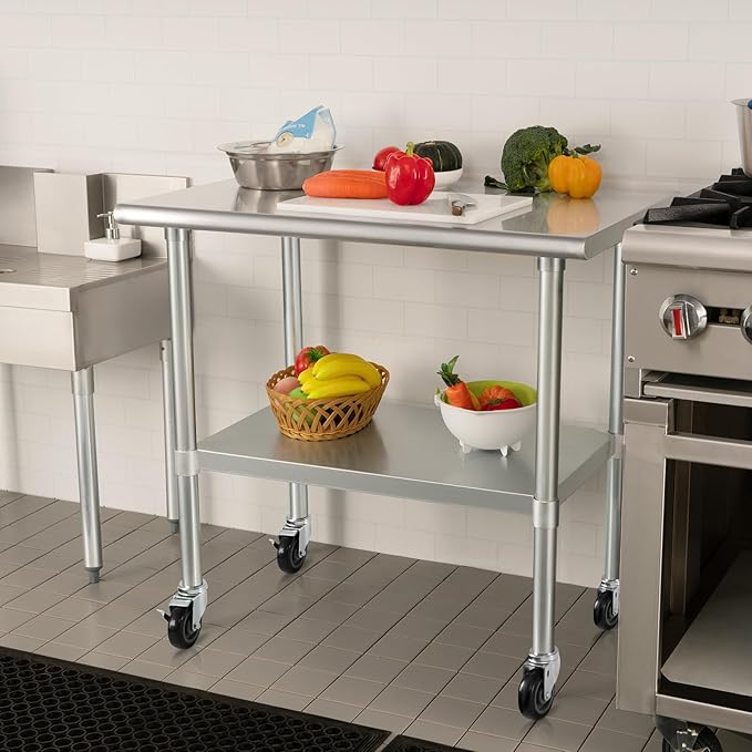 HARDURA Stainless Steel Table with Wheels 24 x 36 Inches Casters NSF Heavy Duty Commercial Work & Prep Table with Undershelf and Galvanized Legs for Restaurant Kitchen Bar and Hotel Garage