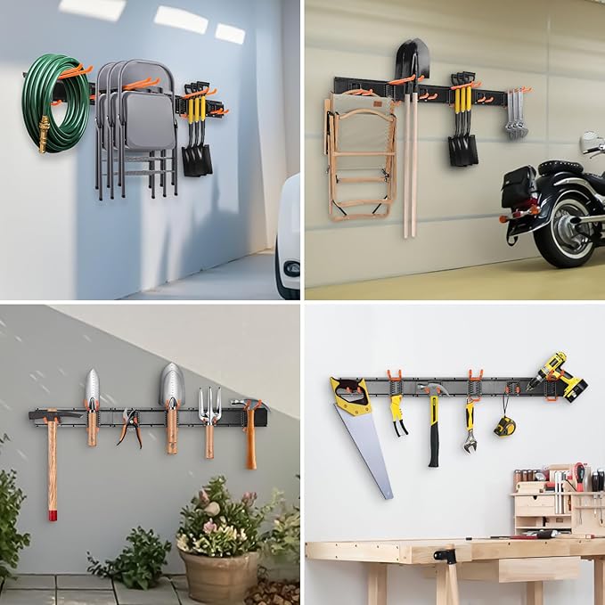 ELECROW Garage Storage Organizer, Wall Mount Rack with 6 Adjustable Hooks, 48 Inches Adjustable Garden Tool Organization, Heavy Duty for Garden and Yard Tool Storage