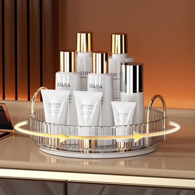 YCIA&DONE 360 Rotating Makeup Organizer and Storage for Vanity Countertop 1 Tier, High Capacity Cosmetic Skincare Perfume Organizers for Dresser Bathroom Fridge Lazy Susan (Clear White)
