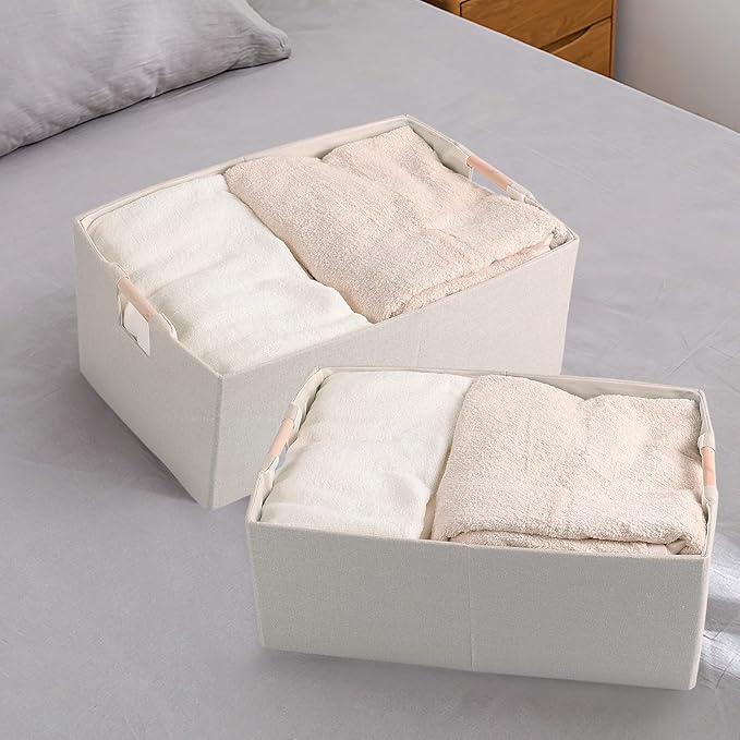 Fabric Storage Bin 3 Pack Foldable Cotton Linen Storage Basket with Wooden Handles Rectangular Cube Box - Beige, Small