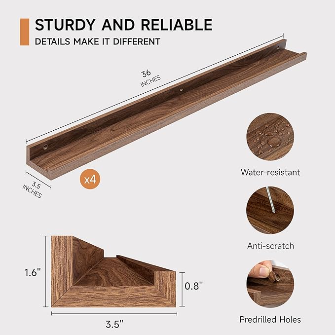 Fun Memories Picture Ledge Shelf for Wall, Floating Shelves Set of 4, 36 Inch Long Nursery Book Shelves for Toys Storage, Kids Bookshelf Wall Mounted for Books Photo Frames, Walnut