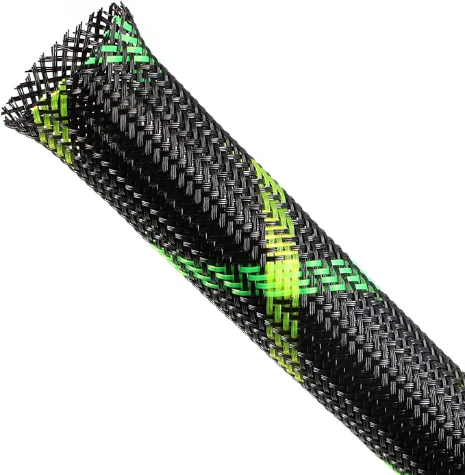 Expandable Braided Sleeving, PET Automotive Wire Loom, Flexible Cable Management for Audio Video and Other Home Device, Cord Protector from Pets (Black Green Yellow, 13/16" x 25ft)