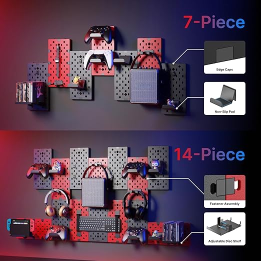 PEGZONE Controller and Headphone Holder Wall Mount, Modular Gaming Pegboard with Accessories, Controller Stand for Xbox PS5 PS4 Switch, Video Game Storage, Disc Shelf, 14pcs Pegboard, Black & Red