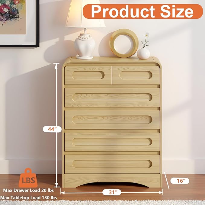 Tall Dressers for Bedroom, 6 Drawers Dresser & Chest of Drawers with Pre-Installed Slides&Curved Profile Design, Modern Closet Storage Wood Dressers Organizer for Living Room Hallway, Oak