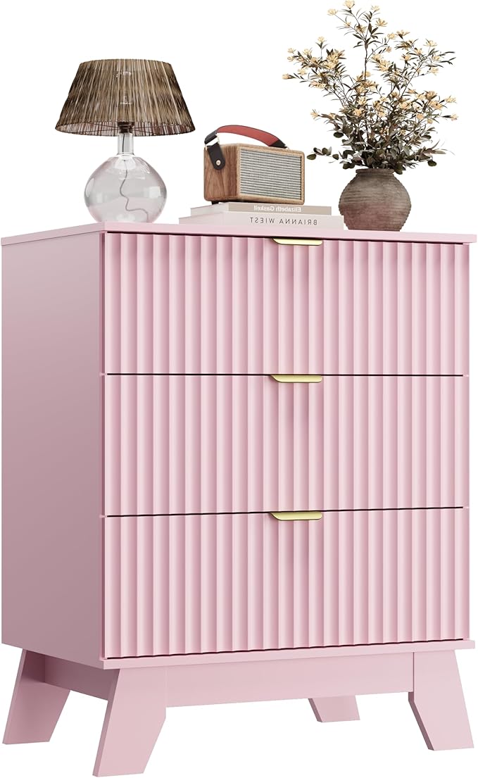 Night Stand Set 2, Bedside Table & End Table, Mid Century Modern Fluted Wood Nightstand with 3 Drawers & Metal Handles, Farmhouse Nightstand for Bedroom, Pink