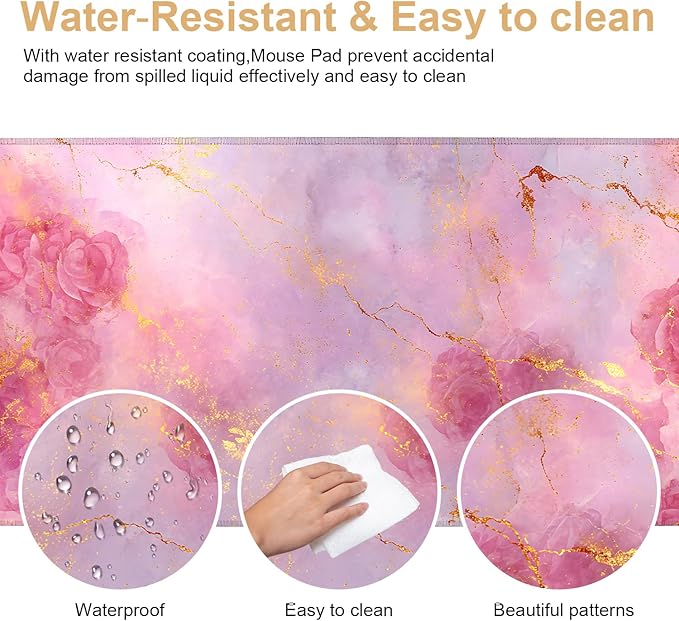 Elegant Pink Rose and Gold Marble Mouse Pad –35.43" x 15.75" Extended Desk Mat with Abstract Floral Design – Luxurious Non-Slip Surface for Office & Home Decor