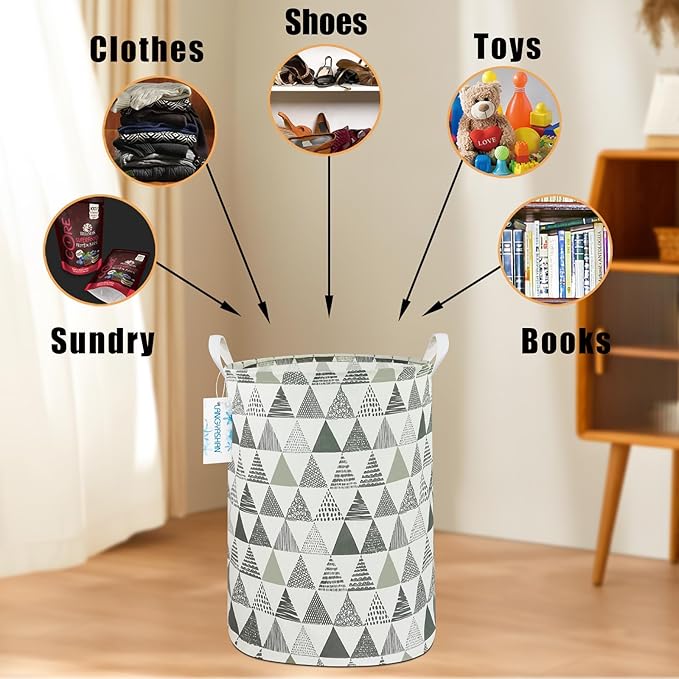LANGYASHAN Laundry Basket Canvas Fabric Collapsible Organizer Basket for Storage Bin Toy Bins Gift Baskets Bedroom Clothes Children Nursery Hamper (Grey triangle)