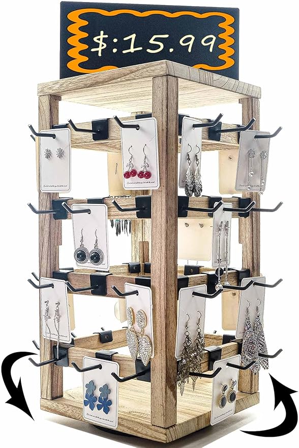 Wooden rotating Jewelry Display Stand with Removable 48 Hooks advertising board, For Earring Cards necklace bracelet Keychain Jewelry Organizer For Selling For vendor events (brown)