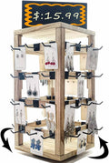 Wooden rotating Jewelry Display Stand with Removable 48 Hooks advertising board, For Earring Cards necklace bracelet Keychain Jewelry Organizer For Selling For vendor events (brown)