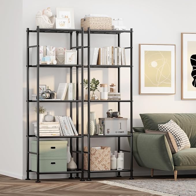 Storage Shelves - Set of 2, 5-Tier Metal Shelf Organizer, Space-Saving Garage Shelving with Leveling Feet, Standing Shelves Organizer for Kitchen, Laundry, Pantry (18.4" x 12.6" x 57.4", Black)