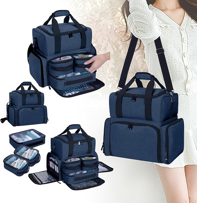 Large Makeup Cosmetic Bag with 3 Removable Case and 2 Removable Dividers Double Layer Travel Storage Organizer, Makeup Brushes Storage Section Blue