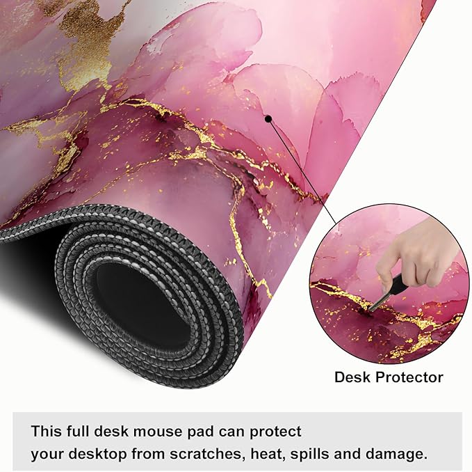 Pink Marble Ink Mouse Pad – Large Extended Desk Mat 31.5 x 11.8 in– Elegant Watercolor Gold Foil Design, Waterproof Surface, Non-Slip Rubber Base, Keyboard & Mouse Pad for Office or Gaming