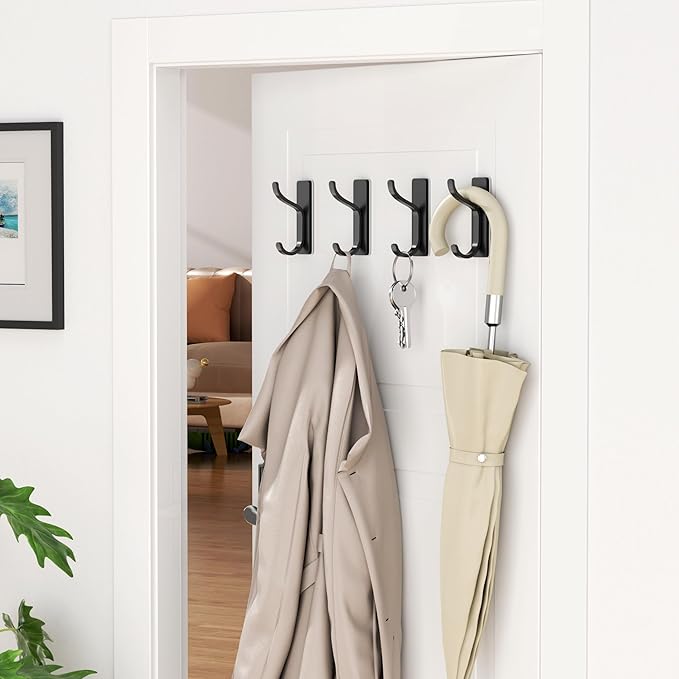 Adhesive Wall Hooks for Hanging: 2-Pack Coat Hooks for Towel, Hat, Purse, Clothes, Keys, Backpack, Stick On Hangers for Door, Kitchen, Dorm, RV, Bathroom, Shower, Hold 13 lb, Stainless, Black