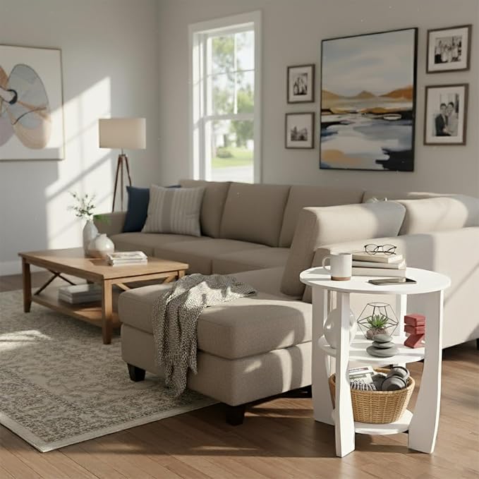 White Round Side Table, 3-Tier End Table with Storage Shelves, Modern Farmhouse Nightstand for Bedroom, Living Room, Nursery & Small Spaces,19.7" D x 21.7" H