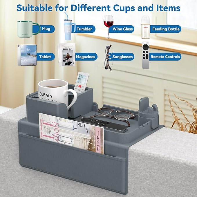 Couch Arm Cup Holder CLESOO Couch Arm Tray Anti-Slip Couch Cup Holder Silicone Sofa Armrest Tray Dual Side Pocket Couch Drink Holder Sofa Caddy Arm Remote Holder Snack Caddy with Phone Holder Blue