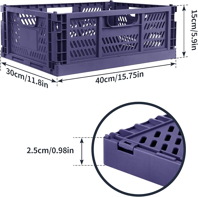 Domiella 2-Pack Crates for Storage, Storage Crates Plastic Stackable, Foldable Crate for Office Home Kitchen Bedroom Bathroom (Large, Blue)